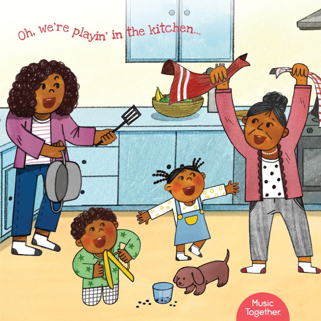 Music Together illustration of a family making music together in a kitchen